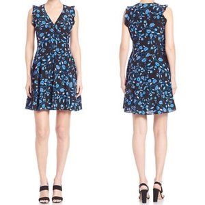 Rebecca Taylor Kyoto Silk Ruffle Floral Blue Cocktail A-line Summer Blue Dress 6